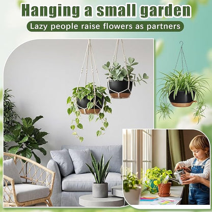 Sliner Set of 4-12 Inch Self Watering Hanging Planters Includes Hanging Pots and Outdoor Hanger Plant Pots with Drainage Holes 2 Types of Hanger Basket Hooks for Patio Garden(Black Brown)