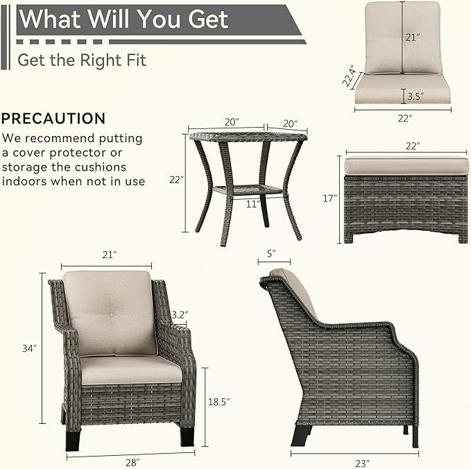 5 Piece Patio Furniture Wicker Conversation Set, 2 Chairs, 2 Ottomans with 1 Side Table, for Outdoors, Backyard, Deck, Beige