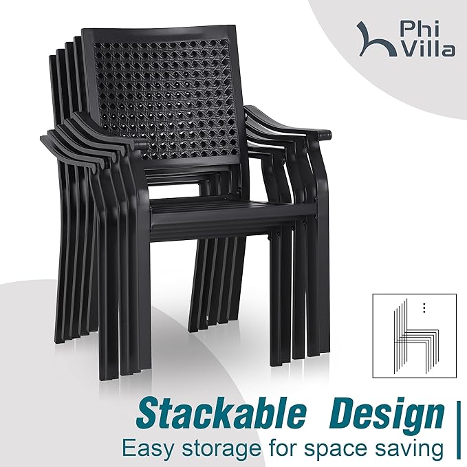 PHI VILLA 7 Pieces Outdoor Set for 6, 65” Wood-Like Metal Steel Dining Table & Stackable Iron Chairs with Cushions, Large Modern Furniture Set for Patio, Deck, Yard, Porch