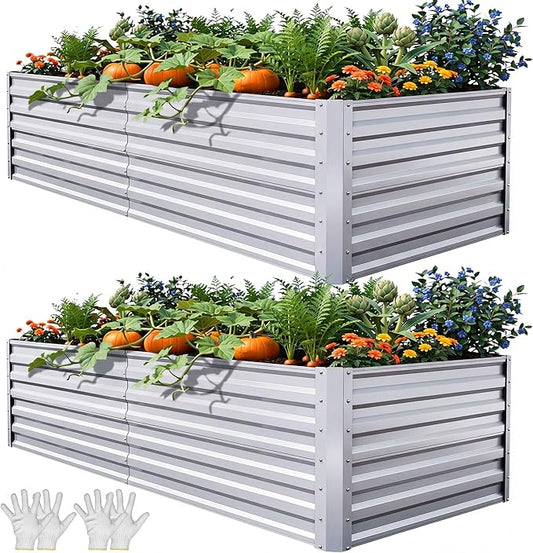 YITAHOME 6x3x2ft 2pcs Large Raised Garden Bed Kit, Galvanized Metal Planter Box with Gloves, Ground Nails, Support Rod, Outdoor Above Ground Planters for Plants Vegetables Flowers, Silver