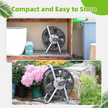 Water Hose Reel Cart, Holds 60-80 Ft of 5/8 Inch Hose, Grey Wall Mounted Garden Hose Cart, Portable Hose Reel for Convenient Storage and Watering