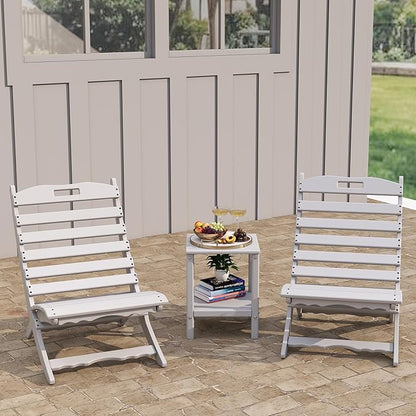 GREENVINES 3 Pieces Patio Furniture Set | Outdoor Bistro Sets for 2 | HDPE Plastic | Folding-Adirondack-Chairs-with-Side-Table | All Weather | Xavier Chair | for Porch Deck Poolside Backyard | White