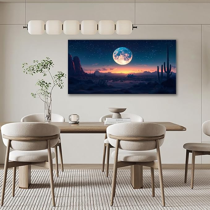 JLXART Moon Desert Night Western Wall Decor Boho Cactus Canvas Prints Nature Paintings Modern Mountain Poster Pictures For Living Room 20X40inch