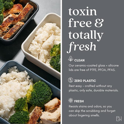 Glass Food Storage Container with Lid, 3-Cup Small Rectangle | Microwave-Safe Airtight Lid, Oven-Safe Ceramic-Coated Glass | Zero Plastic, No PFAS/PFOA/BPA, Reusable [Crema]