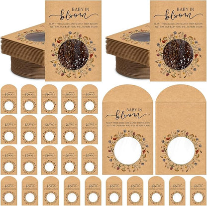 Fumete 25 Pack Baby in Bloom Seed Packets Wildflower Baby Shower Envelopes Kraft Bags with Clear Window Resealable Seed Organizer Storage Bag for Gender Reveal Party Favors, No Seeds(Kraft)