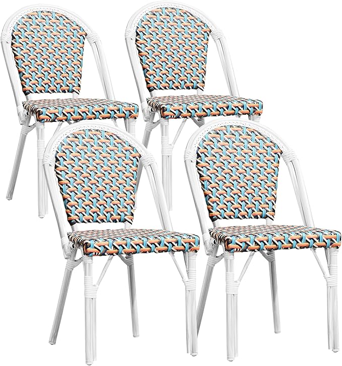 PURPLE LEAF Outdoor Dining Chair Set of 4 Aluminum Wicker Rattan Chairs for Garden Kitchen Backyard Porch White Print Finish Patio Chairs Colorful French Bistro Chair Set