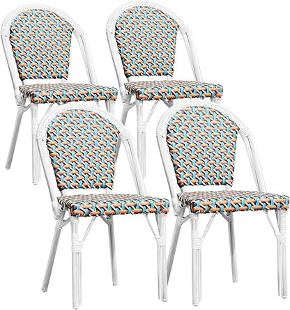 PURPLE LEAF Outdoor Dining Chair Set of 4 Aluminum Wicker Rattan Chairs for Garden Kitchen Backyard Porch White Print Finish Patio Chairs Colorful French Bistro Chair Set