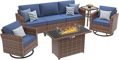 UDPATIO Patio Furniture Set with Fire Pit Table, Rocking Swivel Chairs, 5 Pieces Outdoor Furniture Sets, All-Weather Wicker Outdoor Sectional Sofa with Waterproof Cover, 4'' Thickened Cushion, Navy