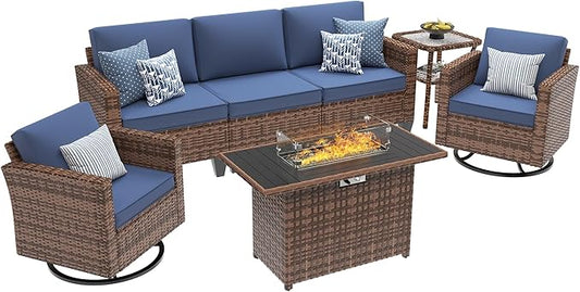 UDPATIO Patio Furniture Set with Fire Pit Table, Rocking Swivel Chairs, 5 Pieces Outdoor Furniture Sets, All-Weather Wicker Outdoor Sectional Sofa with Waterproof Cover, 4'' Thickened Cushion, Navy