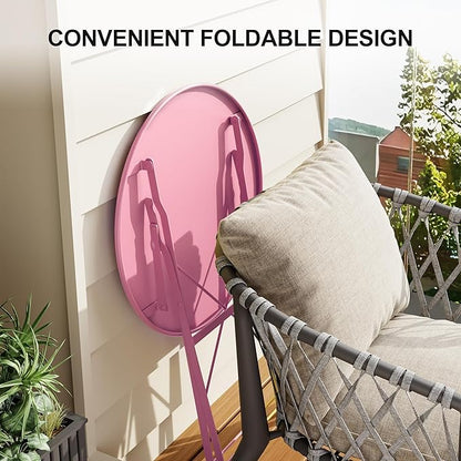 3-Piece Folding Bistro Set Outdoor Patio Furniture, Space-Saving Foldable Chairs & Table Capacity Heavy-Duty Powder-Coated Steel Frame, No Assembly Required for Garden, Balcony, Backyard, Pink