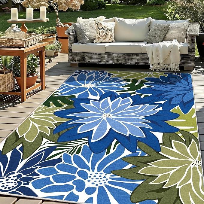 ZonLi Colorful Outdoor Rug 9x12Ft Waterproof Multicolored Indoor Area Rug Washable Outdoor Patio Rugs Tropical Floral Non Slip Outdoor Carpet for Living Room, Pool,Backyard,Deck,Camping
