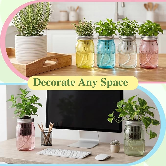 4 Set Colored Hydroponic Mason Garden Jar Bulk 16 oz Self Watering Herb Hydroponic Planter Kit with Planting Baskets Absorbent Cores for Indoor Herb Windowsill Garden Flower Grow Germination
