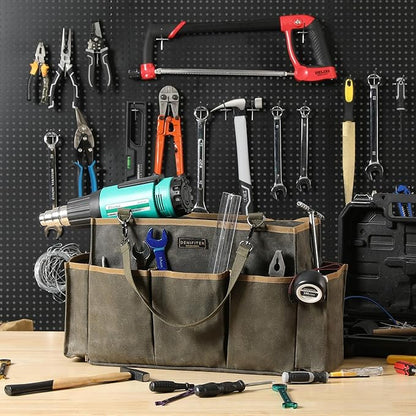 Waxed Canvas Tool Pouch,Garden Tool Bag Organizer with 8 External Pockets & Removable Handle, 15 X 9.8 X 7.8 inch Muti-Purpose Tool Bag with Adjustable Shoulder Strap | ArmyGreen