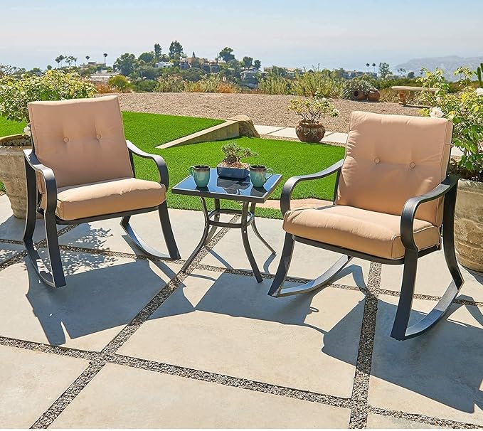 Oakcloud Oakmont Outdoor Furniture 3 Piece Conversation Bistro Set Rocking Chairs and Glass Top Table, Thick Cushions, Black Steel (Brown)
