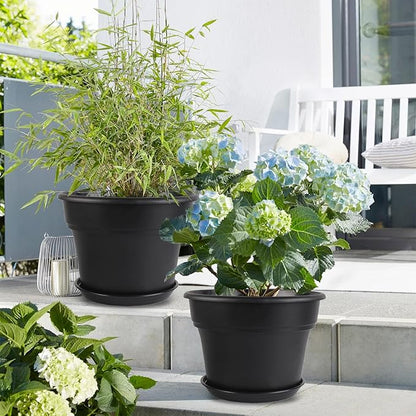6-inch-Plant-Pots-Indoor-Outdoor, 6 Pack Plastic Planters with Drainage Holes & Saucers, Resin Flower Pots with Trays, Classic Garden Pot Container for House