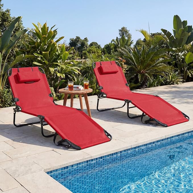 GYMAX Tanning Chair, Folding Lounge Chairs with Face Hole & Cover, Removable Pillow Carry Handle, Portable Compact Outdoor Layout Recliner for Beach, Poolside, Lawn, Patio, Camping (Red,2)