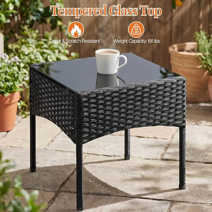 Sweetcrispy 3 Piece Patio Furniture Set, All-Weather Outdoor Conversation with Removable Cushions & Tempered Glass Table, Small Wicker Bistro Set for Balcony, Porch, Backyard, Deck, Black