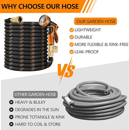 Flexible Garden Hose 100 FT, Ultra Lightweight Water Hoses w/10 Function Sprayer and 3/4" Brass Fittings, Kink-Free, Sturdy, Abrasion Resistant for Yard, Lawn, Outdoor and Gardening(Black Orange)