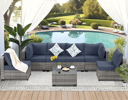 FHFO 7 Piece Outdoor Wicker Patio Furniture Set, Rattan Sectional Sofa Couch, Patio Conversation Set with Cushion & Coffee Table, for Backyard Poolside Porch Garden, Grey-Navy Blue
