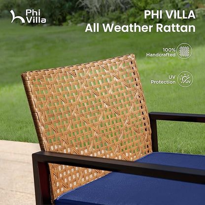 PHI VILLA Patio Wicker Furniture Set for 4, Brown Rattan Loveseat & Chairs with Blue Cushions & Acacia Wood Coffee Table, Outdoor Modern Sectional Conversation Sofa Set for Deck, Yard, Porch