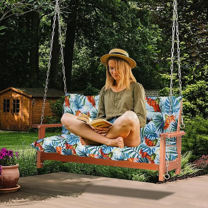 Swing Replacement Cushions with Backrest, 2 or 3 Seater Waterproof Non-Slip Overstuffed Swing Pad, Indoor/Outdoor Bench Cushion for Porch Chair Swing Garden Furniture (Summer, 40 * 40 in)