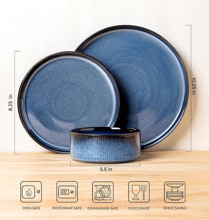 TheTerra Ceramic Dinnerware Sets for 4, 12 Pieces Porcelain Lightweight Plates and Bowls Sets, Scratch Resistant Dish Set, Oven & Microwave & Dishwasher Safe, Starry Blue