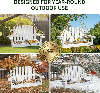 Solution4Patio White Swing Bird Feeder, Squirrel-Proof Metal Mesh Tray with Bench Design, High-Capacity Rust-Resistant Hanging Bird Feeder for Porch & Yard Décor – Easy Fill & Clean