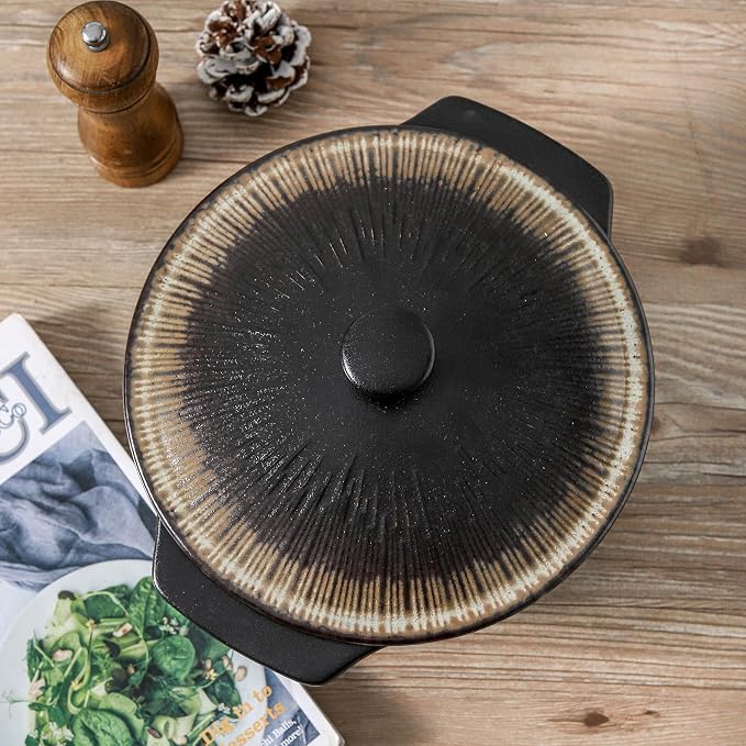 KOOV Ceramic Casserole Dish with Lid, 2 Quart, 9 inch, Rough Black