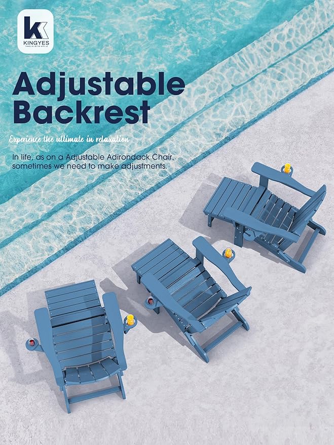 KINGYES Folding Adjustable Adirondack Chair with Ottoman & 2 Cup Holders Set of 4, HDEP Reclining Adirondack Chair with Footrest, Blue