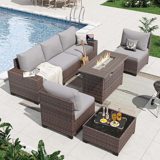 Aoxun 7 Pieces Patio Furniture Set with 44” Fire Pit Table Wicker Rattan Outdoor Sectional Conversation Set with Coffee Table and 4” Thickened Cushions, Gray(Waterproof Cover Included)
