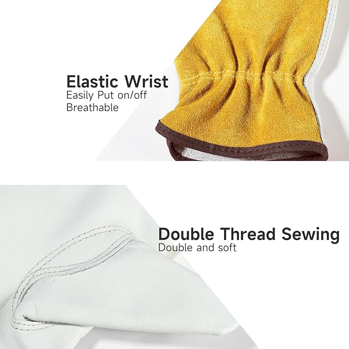 OZERO Leather Work Gloves for Men & Women, 3 Pairs Genuine Cowhide Garden Gloves, Lab Tested EN388 2143X, Flexible Grip, Breathable Unlined Comfort, Elastic Wrist (Gold/Light Cyan, Medium)