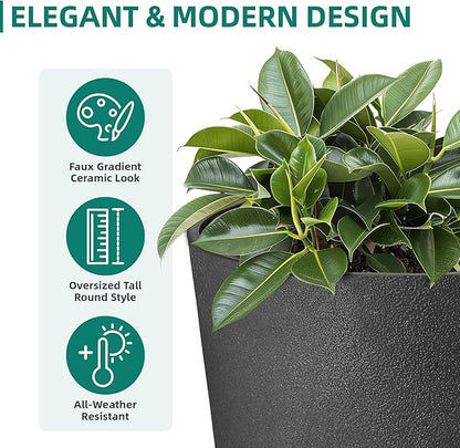 24" Resin Planters Set of 2 Outdoor Large Plant Pot Tall Flower Pots for Indoor Plants Garden Pot w/Drainage Hole Obsidian Leather Planter for Porch, Patio, Deck Living Room Home Decor