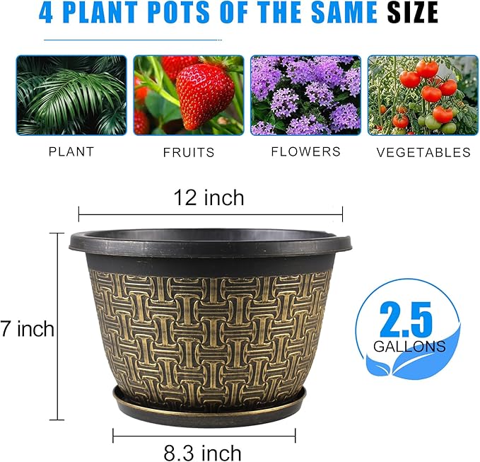 Nooulap 4 Pack 12 Inch Plant Pots,Large-Plant-Flower-Planters-Plastic, Flower Pots Outdoor Indoor with Drainage Holes & Trays, Retro Antique Imitation Decorative Garden Sets for Houseplants