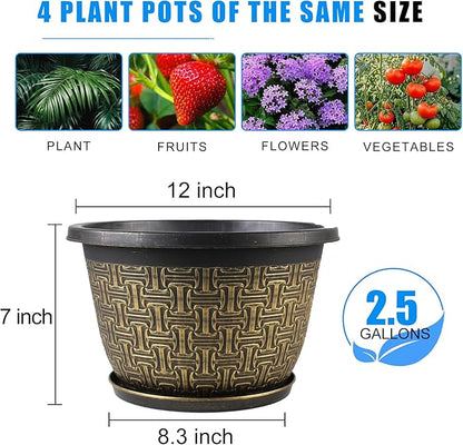 Nooulap 4 Pack 12 Inch Plant Pots,Large-Plant-Flower-Planters-Plastic, Flower Pots Outdoor Indoor with Drainage Holes & Trays, Retro Antique Imitation Decorative Garden Sets for Houseplants