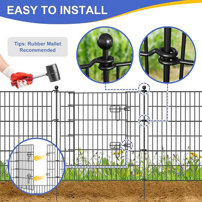 10 Panels No Dig Decorative Garden Fence with Gate, 40 in(H) X 23.6 ft(L) Outdoor Dog Rabbits Fence, Animal Barrier Pet Fencing Rustproof Metal Wire Panel Border for Yard, Patio, Flower Bed