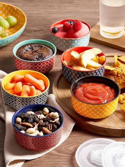DOWAN 6 oz Ramekins with Lids Oven Safe for Creme Brulee Souffle, Ceramic Custard Cups for Baking, Small Bowls for Pudding Dip Ice Cream, Set of 6, Vibrant Colors