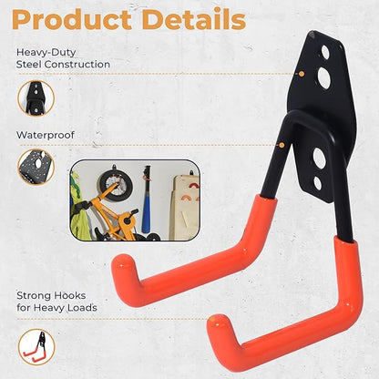 16 Pack Steel Heavy Duty Garage Hooks Storage Hooks with Anti-Slip Coating, Utility Garage Wall Mount Hanger and Organizer for Bikes, Ladder, Rope, Broom, Shovel and Garden Power Tools (16, Orange)