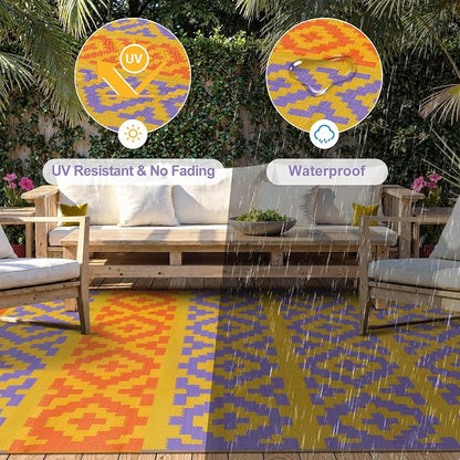 Anidaroel Camping Rug for Outside RV, 8x10 Waterproof Outdoor Rug for Patio Clearance, Reversible Plastic Straw Outside Area Rug for Deck, Camper, Backyard, Picnic(Purple&Orange,8‘x10')