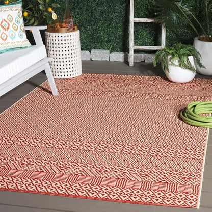 SAFAVIEH Washable Rug Outdoor Courtyard Collection - 4' x 5'7", Beige & Red, Non-Shedding & Easy Cleaning, Ideal for Patio, Backyard, Mudroom (CY6235-23812)