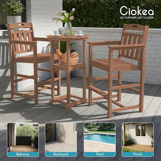 Ciokea Balcony Chairs and Table 3 Pieces Set, Outdoor High Top Bar Set, HDPE Oversized Adirondack Bar Chairs Set of 2 and Round Table for Outside Dining Bistro Poolside Backyard, Teak