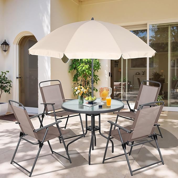Vongrasig 6 Pieces Folding Patio Dining Set, All Weather Small Metal Outdoor Table and Chair Set, Garden Patio Furniture Set w/Umbrella, Glass Table & 4 Folding Chairs for Lawn, Backyard, Brown