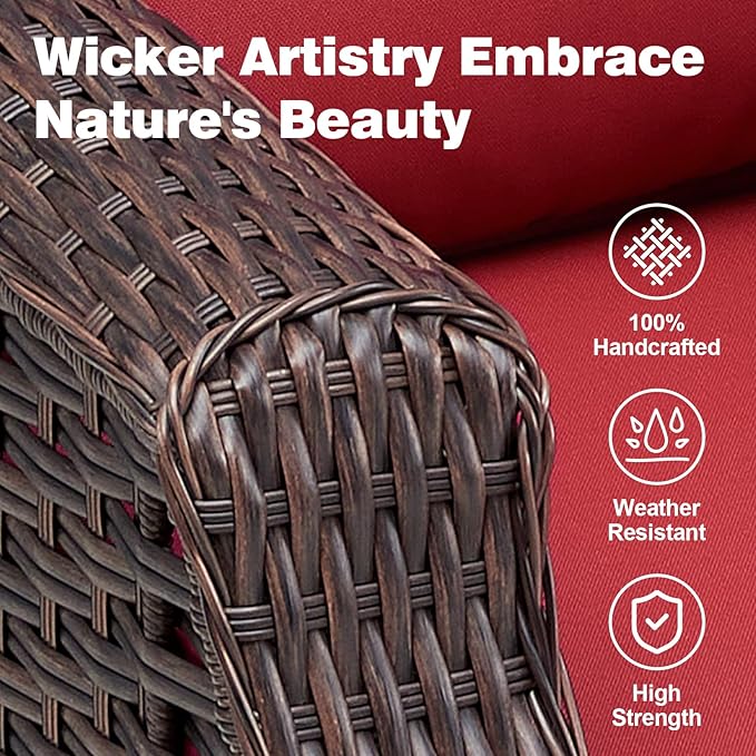 Patio Wicker Chairs Swivel Rocker-Outdoor Swivel Rocker Chair Set of 2 with All Weather Wicker Glider Rocker Set, PE Rattan Swivel Rocking Chair with Side Table for Yard Balcony Deck Porch Brown/Red