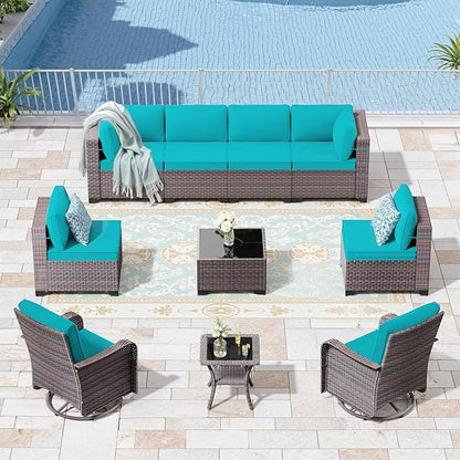 10 Pieces Outdoor Patio Furniture Set with Swivel Rocking Chairs, PE Wicker Rattan Outdoor Sectional Patio Set, Outdoor Patio Conversation Set, Blue