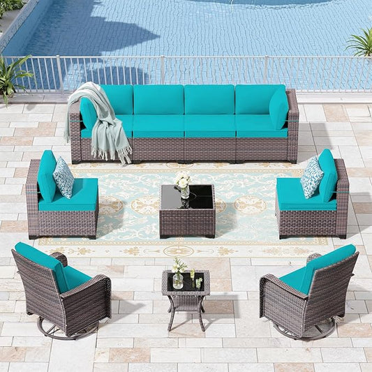 10 Pieces Outdoor Patio Furniture Set with Swivel Rocking Chairs, PE Wicker Rattan Outdoor Sectional Patio Set, Outdoor Patio Conversation Set, Blue