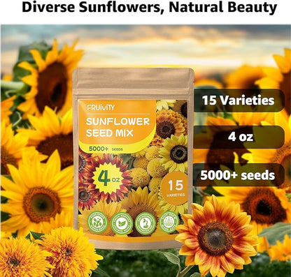 15+ Varieties 5000+ Sunflower Seeds for Planting, 4 Oz Heirloom Sunflower Mix Seeds to Plant (Giant Mammoth, Dwarf) Garden Variety Pack, High Germination, Attracts Pollinators