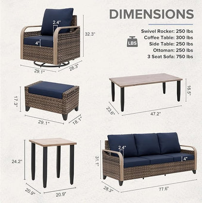 COOS BAY Modern Wicker Outdoor Furniture Set, Patio Conversation Set with 4 Swivel Rockers, 3 Seat Couch, Ottomans, Coffee Table and Side Table, 9 Piece, Brown/Blue