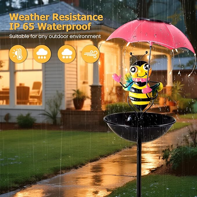 Solar Bird Feeder Garden Decor, Outdoor Bee Solar Lights with Umbrella, Hummingbird Feeder Decorative Path Lights Yard Art Ornament Bird Feeder (bee)