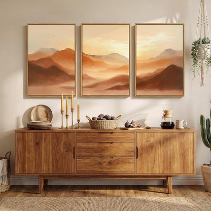 Framed Orange Abstract Mountain Wall Art for Living Room, 3 Piece Large Landscape Sunset Scenic Canvas Artwork for Walls, Modern Terracotta Paintings Prints for Hallway Office Wall Decor, 24x36 Inch