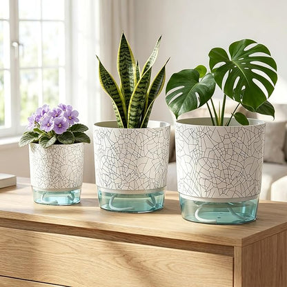 3 Pack Self Watering Pots for Indoor Plants, 4+5.5+6.3 Inch Self Watering Plant Pots, Flower Pots with Wick Rope and Reservoir - Crack Texture