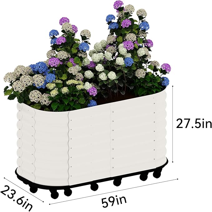GarveeHome Self-Watering Wheeled Metal Garden Bed – Mobile Raised Planter Box with Water, Galvanized Steel Indoor/Outdoor Rolling Grow Station for Herbs, Veggies & Decor （59 in x23.6 in x27.5,White